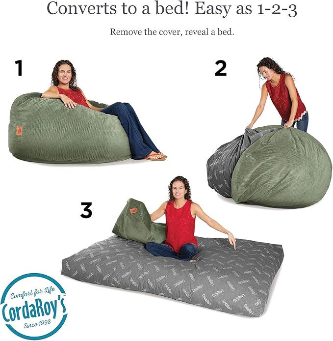 CordaRoy's Chenille Bean Bag Chair, Convertible Chair Folds from Bean Bag to Lounger, As Seen on Shark Tank, Moss - Queen Size