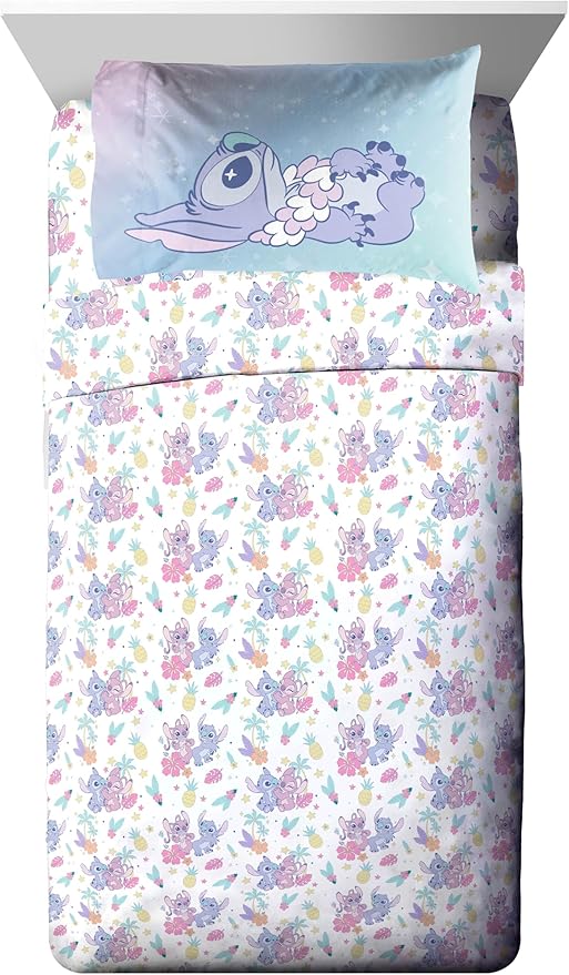 Disney Lilo and Stitch Twin Size Comforter Set - 5 Piece Floral Bedding includes Sheet Set & Pillow Covers Features Angel - Super Soft Purple & Teal Stars Kids Bedding