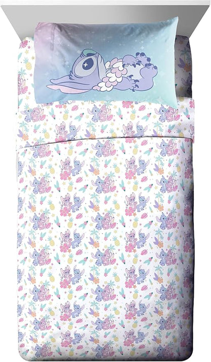Disney Lilo and Stitch Full Size Comforter Set - 7 Piece Floral Bedding includes Sheet Set & Pillow Covers Features Angel - Super Soft Purple & Teal Stars Kids Bedding