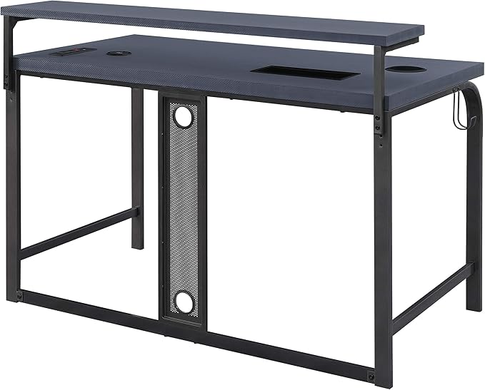 OSP Home Furnishings Reload Gaming Desk with Wireless Charging, USB Power Hub, and Remote Controlled RGB LED Lights, Matte Grey Carbon Fiber
