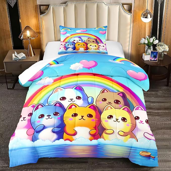 Rainbow Cat Comforter Twin Size - Rainbow Cat Bedding for Girls Room Cute Cartoon Rainbow Bedding Twin Comforter Sets for Kids, 1 Comforter+1 Pillowcase