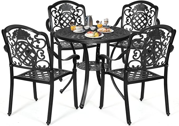 DWVO 5 Piece Outdoor Furniture Cast Aluminum Patio Dining Sets, All-Weather Patio Bistro Sets with 4 Chairs, 30 Inches Round Table with Umbrella Hole, Adjustable Feet for Balcony Backyard Deck Garden