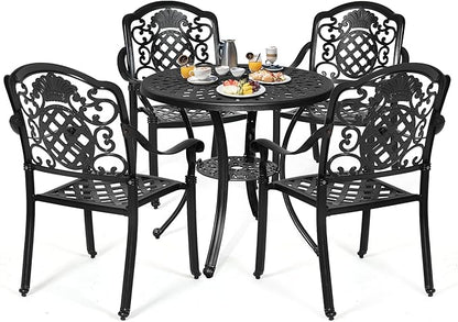 DWVO 5 Piece Outdoor Furniture Cast Aluminum Patio Dining Sets, All-Weather Patio Bistro Sets with 4 Chairs, 30 Inches Round Table with Umbrella Hole, Adjustable Feet for Balcony Backyard Deck Garden