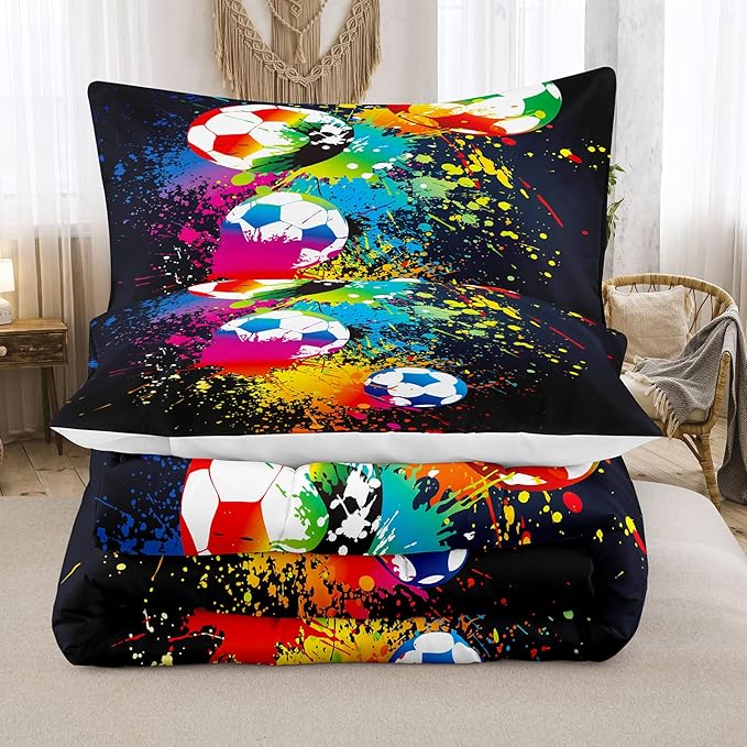 Bodhi Boys Sports Bedding Set Twin Size,Rainbow Graffiti Soccer Comforter Set Twin,Football Comforter Set for Boys,Kids,Teens with Matching Pillowcases,Teen Kids Comforter Set Twin