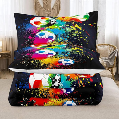 Bodhi Boys Sports Bedding Set Twin Size,Rainbow Graffiti Soccer Comforter Set Twin,Football Comforter Set for Boys,Kids,Teens with Matching Pillowcases,Teen Kids Comforter Set Twin