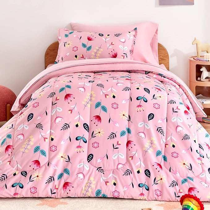 SLEEP ZONE Kids Bedding Comforter Set Full/Queen Size - Super Cute & Soft Kids Bedding 7 Pieces Set with Comforter, Sheet, Pillowcase & Sham (Pink Flower)