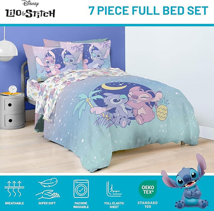 Disney Lilo and Stitch Full Size Comforter Set - 7 Piece Floral Bedding includes Sheet Set & Pillow Covers Features Angel - Super Soft Purple & Teal Stars Kids Bedding