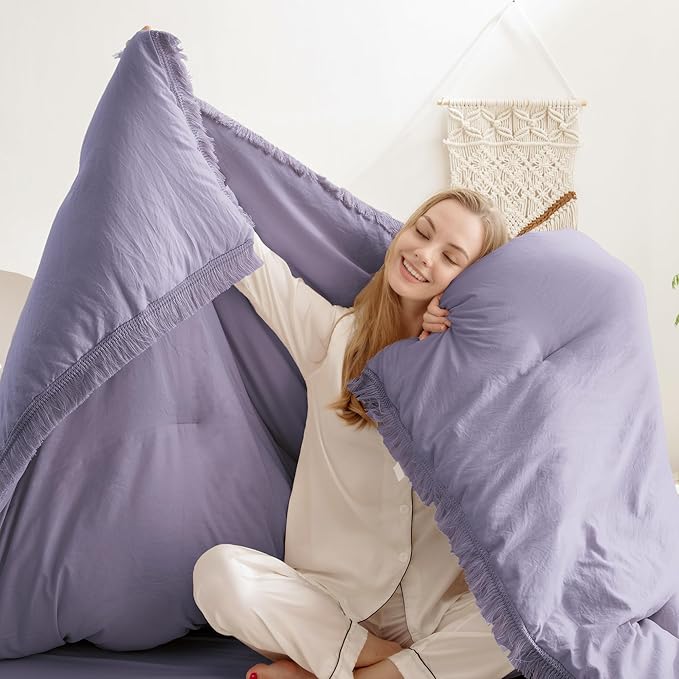 Andency Grayish Lavender Purple Comforter Set Queen, Boho Tassel Lightweight Bedding Comforter Sets, 3 Pieces All Season Soft Fluffy Fringe Bed Set (90x90In Comforter & 2 Pillowcases)