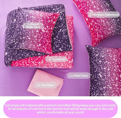 RYNGHIPY 6Pcs Twin Gradient Pink Purple Glitter Comforter Sets for Teens Girls Kids, Colorful Rainbow Glitter Themed Bedding Set