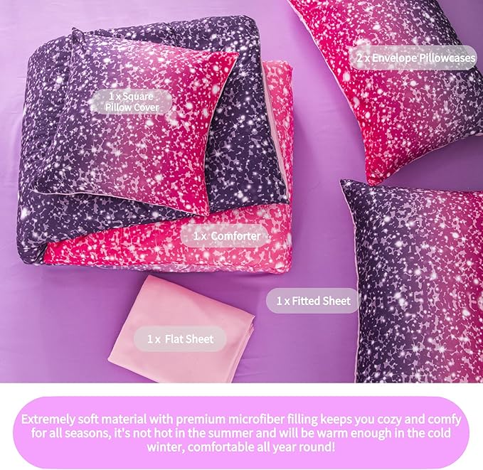 RYNGHIPY 6Pcs Full Gradient Pink Purple Glitter Comforter Sets for Teens Girls Kids, Colorful Rainbow Glitter Themed Bedding Set