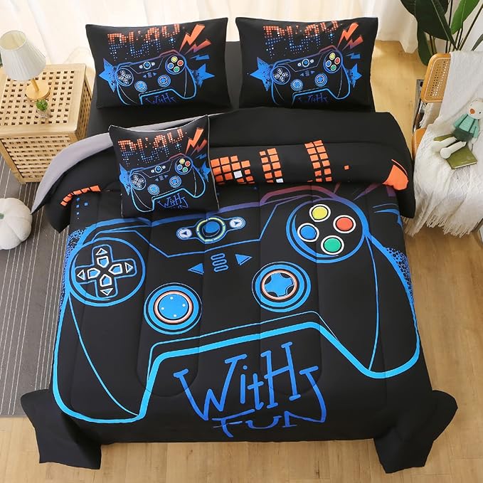 JQinHome Queen Gaming Comforter Sets for Boys,6 Piece Bed in A Bag 3D Video Game Bedding All Season Soft Microfiber Gamer Bedding Sets for Kids, Pillowcase, Flat Sheet, Fitted Sheet,Cushion Cover