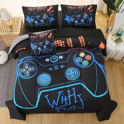 JQinHome Queen Gaming Comforter Sets for Boys,6 Piece Bed in A Bag 3D Video Game Bedding All Season Soft Microfiber Gamer Bedding Sets for Kids, Pillowcase, Flat Sheet, Fitted Sheet,Cushion Cover