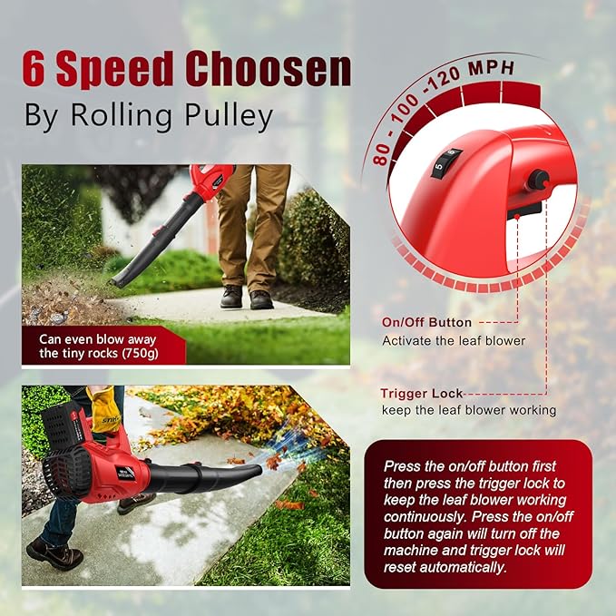 21V Electric Leaf Blower Cordless, 6000mAh 2 Battery Powered Leaf Blower 6-Speed Variable Control, Rechargeable Blowers Cordless for Lawn Care 2 Section Tubes, Charger, Shoudler Strap