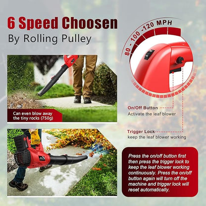 21V Electric Leaf Blower Cordless, 6000mAh 2 Battery Powered Leaf Blower 6-Speed Variable Control, Rechargeable Blowers Cordless for Lawn Care 2 Section Tubes, Charger, Shoudler Strap