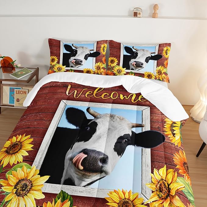HOSIMA Farmhouse Animal Cow Comforter with 2 Pillowcases,Wooden Decor Terracotta Comforter for Adults Teens,Cow Print Bedding Room Decor,Sunflower Full Size Comforter Set.