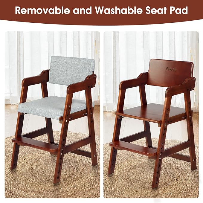 Ezebaby Wooden High Chair for Toddlers to Teens, Adjustable Kids Study Chair with Steps, Kids Dining Chair with Removable Cushion (Nut-Brown)