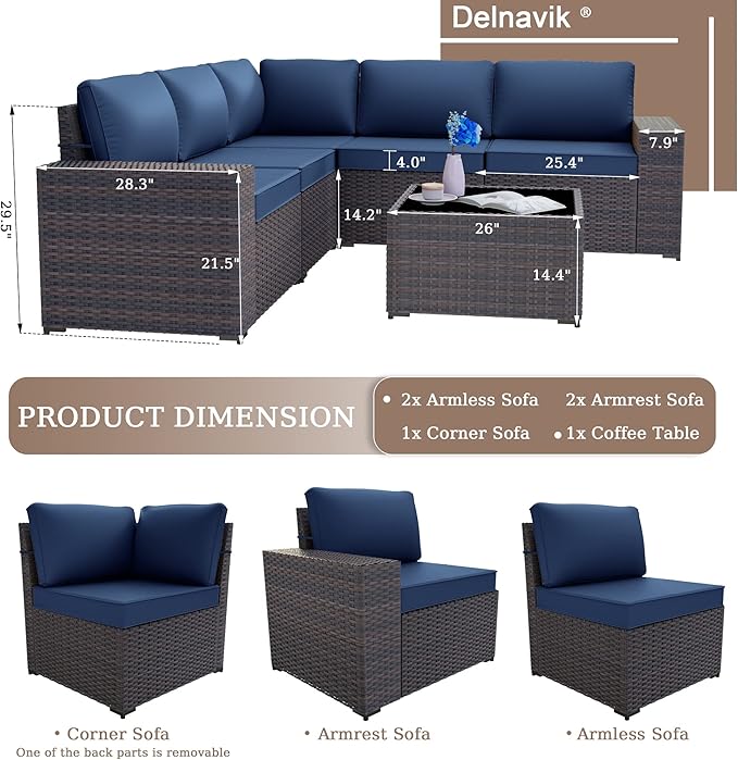 Patio Furniture Set Sofa 6pcs Wicker Sectional Sofa Set, Outdoor Furniture Rattan Patio Conversation Set with Thickened Cushions and Glass Coffee Table, Dark Blue