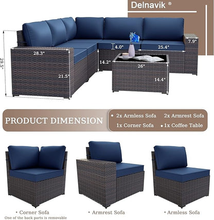 Patio Furniture Set Sofa 6pcs Wicker Sectional Sofa Set, Outdoor Furniture Rattan Patio Conversation Set with Thickened Cushions and Glass Coffee Table, Dark Blue