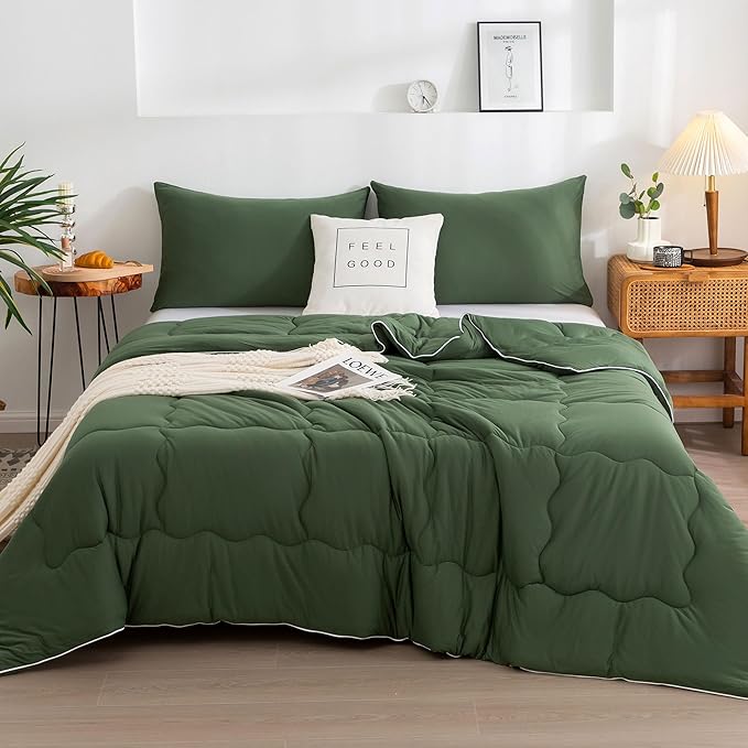 COTTEBED 3 Pieces Softness Comforter Set KING Size Bed, California Cal King Jersey Knit T-Shirt Feel Ultra-Soft Comy Lightweight 1 Bedding Quilt Blanket Conforter & 2 Pillowsham All Season Olive Green