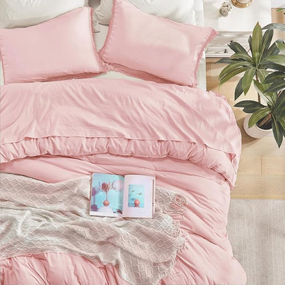 Andency Pink Tassel Comforter Set Full(79x90Inch), 3 Pieces(1 boho Comforter, 2 Pillowcases) Farmhouse Shabby Chic Comforter Set, Soft Microfiber Lightweight Fringe Bedding Comforter Set