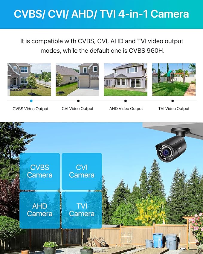 ZOSI 1080P HD 1920TVL Hybrid 4-in-1 TVI/CVI/AHD/960H CVBS CCTV Surveillance Weatherproof Bullet Security Camera Outdoor Indoor,120ft Night Vision,For HD-TVI,AHD,CVI and CVBS/960H analog DVR