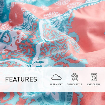 Degrees of Comfort Bed in a Bag Twin XL, Boho Medallion Comforter Sets for college girls, Microfiber 6 Pieces Bedding Set with Sheet, Matching Decorative Pillow, Coral