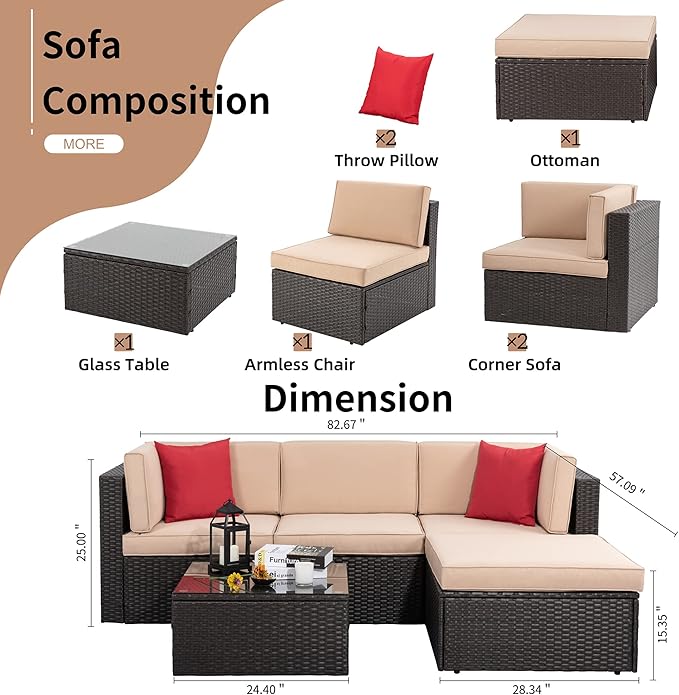 Shintenchi 5 Pieces Patio Furniture Sets Outdoor All-Weather Sectional Patio Sofa Set PE Rattan Manual Weaving Wicker Patio Conversation Set with Glass Table&Ottoman Cushion and Red Pillows