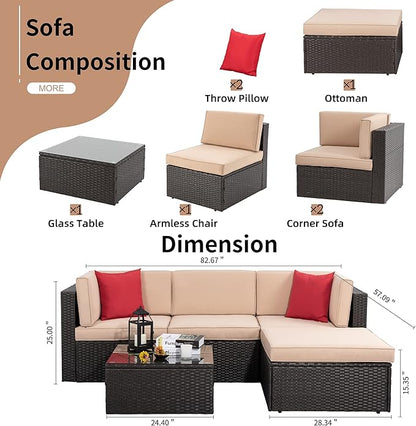 Shintenchi 5 Pieces Patio Furniture Sets Outdoor All-Weather Sectional Patio Sofa Set PE Rattan Manual Weaving Wicker Patio Conversation Set with Glass Table&Ottoman Cushion and Red Pillows