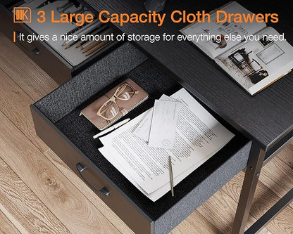 ODK 55 Inch Computer Desk with 3 Cloth Drawers for Home Office, Vanity Desk with Storage and Hook for Bedroom, Work Desk, Study Writing Table, Black
