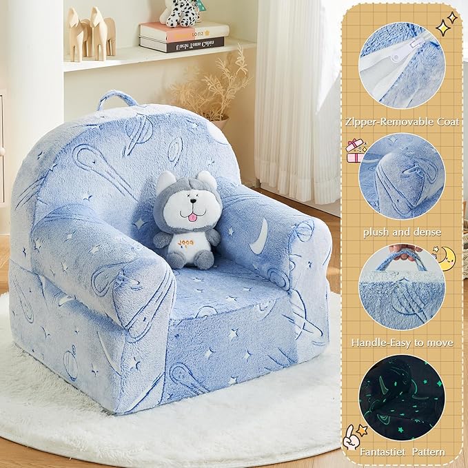 Toddler Chair Kids Plush Chair Sherpa Kids Chairs, Toddler Couch Bean Bag Chairs for Kids Gaming Chair for Kids Glow in The Dark,Starry Sky Blue