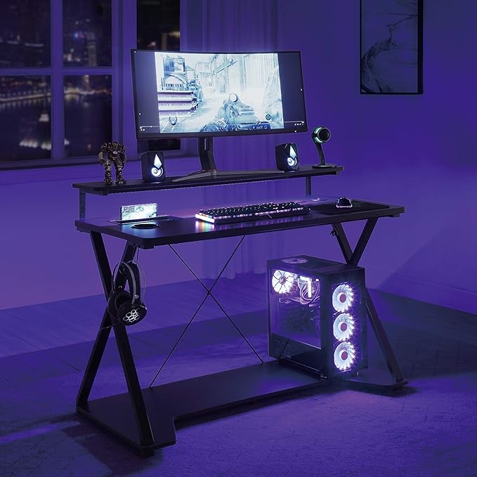 OSP Home Furnishings Checkpoint Ghost Battlestation Gaming Desk with RGB LED Lights, Black