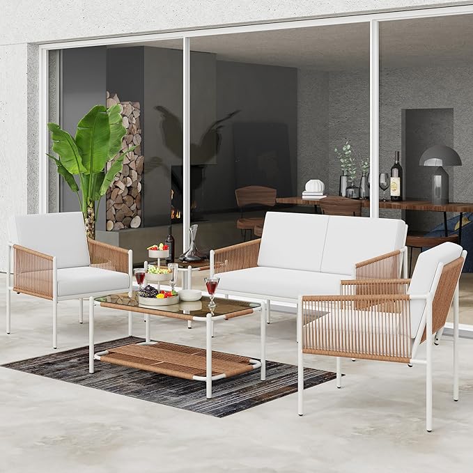 Shintenchi 5 Piece Wicker Outdoor Patio Furniture Set, White Metal Sofa Conversation Set, including Loveseat, Two Single Chairs and Two Coffee Tables for Backyard, Patio, Balcony, Poolside