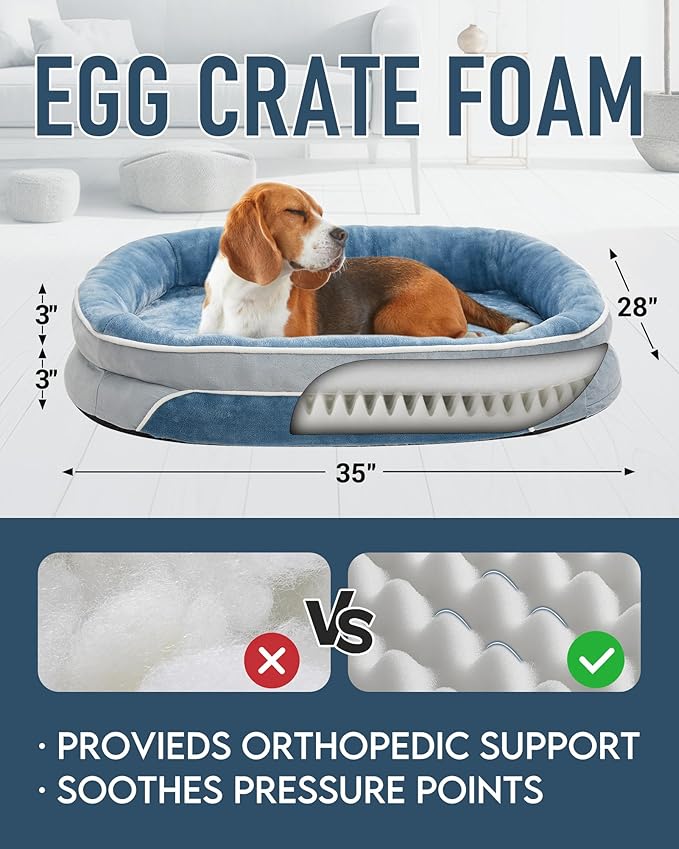 OhGeni Orthopedic Dog Bed Couch for Large Sized Pets with Egg Foam Support, Four-Sided Bolster Cushions, Soft Tear-Resistant Fabric, and Removable Machine Washable Plush Cover 35-Inch (Washed Blue)