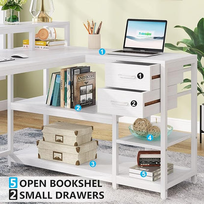 Reversible L-Shaped Computer Desk with hutch & Shelf,white