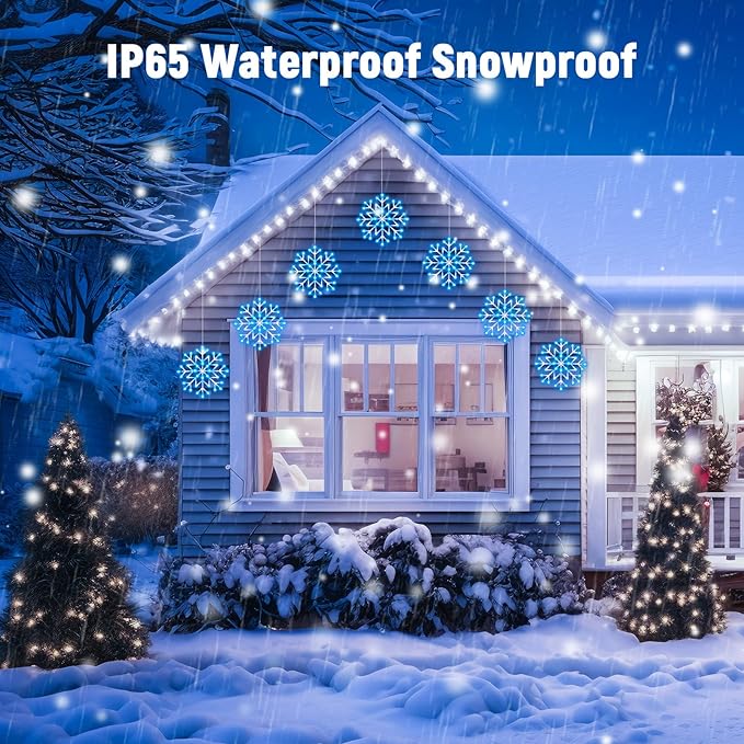 Christmas Snowflake Icicle Lights Outdoor - Plug-in 23.6ft 10 Drops 480LED Snowflake Window Lights, Connectable for Indoor Outdoor Porch Eaves Rooftops Canopy Christmas Decoration, Blue and White