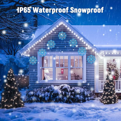 Christmas Snowflake Icicle Lights Outdoor - Plug-in 23.6ft 10 Drops 480LED Snowflake Window Lights, Connectable for Indoor Outdoor Porch Eaves Rooftops Canopy Christmas Decoration, Blue and White