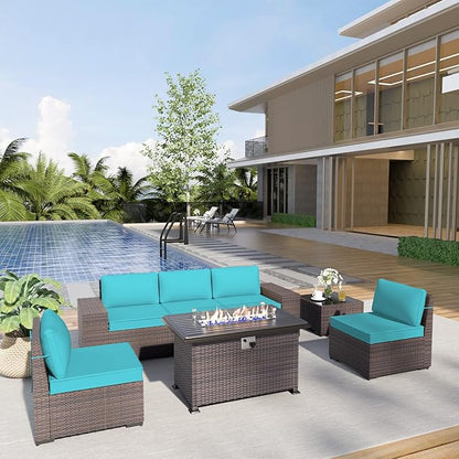 Patio Furniture Sectional Sofa Set 7 Pieces PE Rattan Outdoor Furniture w/43in Gas Fire Pit Table, Patio Conversation Set with 55000 BTU Propane Fire Pit, Blue