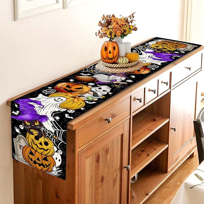 Halloween Table Runner 90 Inches Long Pumpkin Black Cat Halloween Table Runners Happy Halloween Boo Ghost Theme Decor for Kitchen Dining Table Home Party Decorations
