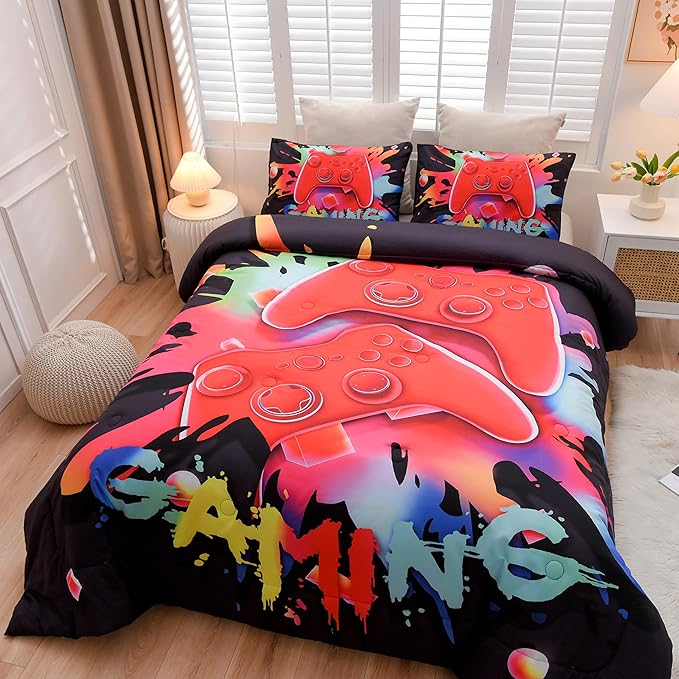Aimuan Gaming Comforter Sets for Boys Kids Bedding Sets Video Games Console Action Buttons Novelty Colorful Game Gamepad Controller Modern Gamer Room Decor Home Quilt Set (Full, Black)