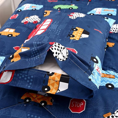 MAG 3Pcs Cartoon Car Bedding Comforter Set, Blue Cute Base Full/Queen Comforter Set,for Toddlers Kids,Boys Teens and Girls,Super Soft Microfiber, Full/Queen Size