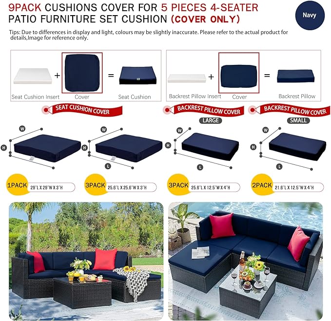 ClawsCover 9Pack Outdoor Seat and Back Cushions Replacement Covers Fit for 5 Pieces 4-Seater Wicker Rattan Patio Conversation Set Sectional Couch Furniture,Navy-Include Covers Only (Large)