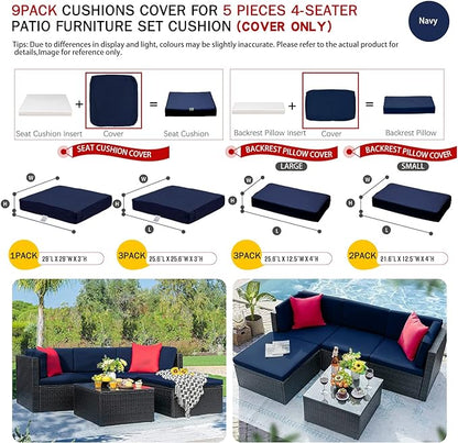 ClawsCover 9Pack Outdoor Seat and Back Cushions Replacement Covers Fit for 5 Pieces 4-Seater Wicker Rattan Patio Conversation Set Sectional Couch Furniture,Navy-Include Covers Only (Large)