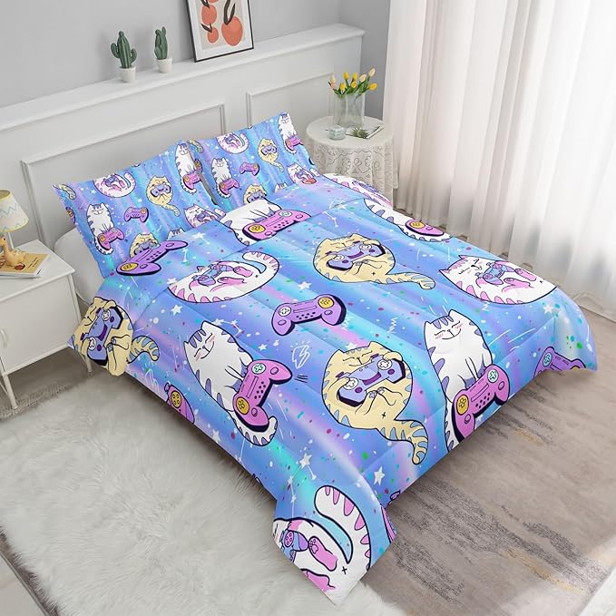 Datura home Cat Comforter Set Blue Kawaii Cat Printed Quilt Bedding Set with 1 Comforter and 2 Pillowcases for Boys and Girls Bedroom All Season(Blue Cat Full)