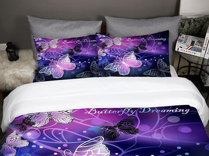Sunnycitron 3D Purple Butterfly Bedding Queen Comforter Set Dreamy Butterfly Comforter Set for Girls Neon Butterflies Purple Bed Comforter (1 Comforter + 2 Pillowcases),Easy-Wash Fade Resistant