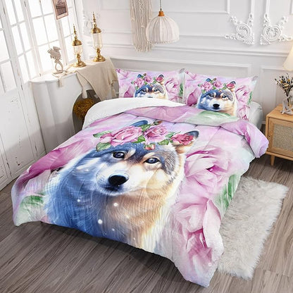 Wolf Comforter Set Tie Dye Wolf Bedding Set for Kids Teens Room Decor Romantic Pink Rose Wild Animals Comforter with 2 Pillowcases