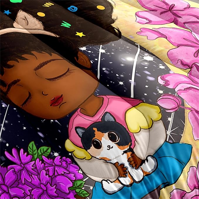 African American Girls Comforter Set Full Size for Girls Bedroom Full Size Afro Girls Bedding Sets for Girls Lovely Black Girls Comforter Set Cute Princess Bedding Set, 1 Comforter + 2 Pillowcases