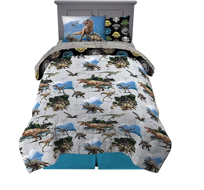 Franco Kids Bedding Super Soft Comforter and Sheet Set with Sham, 5 Piece Twin Size, Jurassic World,6A1348