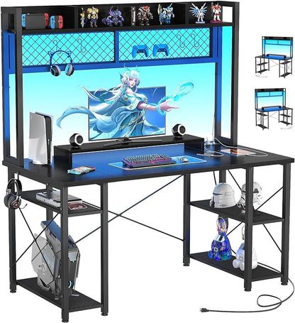 armocity 2024 Upgrade Gaming Desk with Hutch, 48'' Magic Computer Desk with LED Lights and Outlets, Reversible Workstation Desk with Pegboard and Monitor Stand, 48 Gamer Desk PC Table, Black