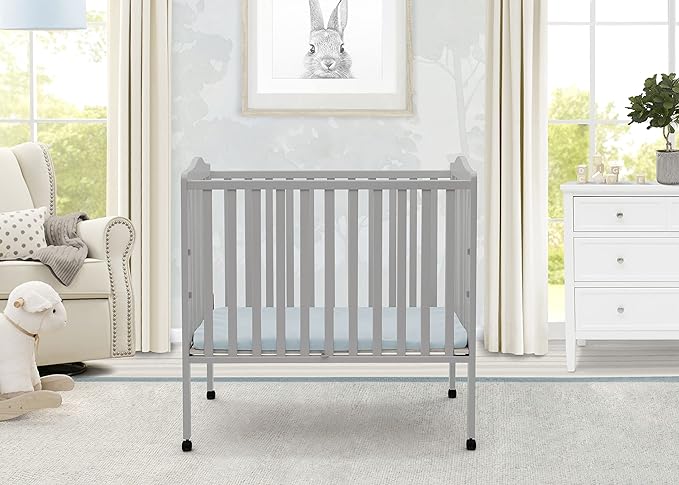 Delta Children Folding Portable Mini Baby Crib with 1.5-inch Mattress - Greenguard Gold Certified, Grey