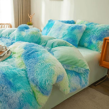 Tie dye Plush Fluffy Comforter Cover Set Queen - Ultra Soft Faux Fur tie dye Bedding Sets 3 Pieces (1 Shaggy Duvet Cover + 2 Pillow case) Fluffy Bed Set (Tie Dye Mint, Queen)
